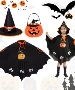 Déguisement Chauve-Souris Enfant Halloween 3PCS Noir, Capuche et Cape Incluses, Costumes Sorcière pour Enfant Halloween