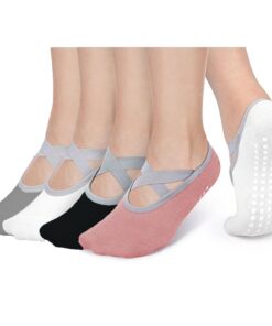 Chaussettes de Pilates Hotcho Lot de 4 Paires Antidérapantes pour Femme - Yoga Antidérapantes Coton Bande Croisée - Tail