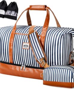 Lekesky Sac fourre-tout de voyage pour femme A-bleu rayé 50L pour week-end, nuit, gym et sport