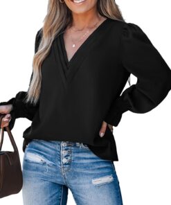 CUPSHE Chemisier en V à manches bouffantes pour femme automne/hiver, poignets smockés, chic et confortable
