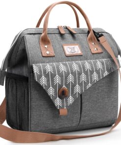 Lekesky Grand sac à déjeuner isotherme pour femme, grande capacité de 15L, idéal pour le travail, chic en gris avec flèc
