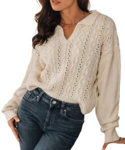 CUPSHE Pull en tricot torsadé col en V manches longues pour femme hiver chaud et confortable bied à toute la famille
