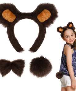 Hifot Costume de Ours pour Adultes et Enfants : Oreilles Serre Tête et Queue d'Ours Nez Nœud Papillon, Parfait pour Hall