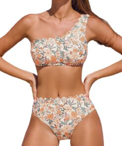 CUPSHE Bikini Deux Pièces pour Femme - Maillot Une Épaule Mi-Haute Festonnée avec Crochet dans Le Dos et Bretelles Large