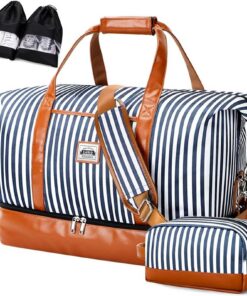 Sac de voyage femme en cuir | Grand | Femmes - Weekend - Rayures | Compartiments Étanches | Trousse De Toilette | Étuis