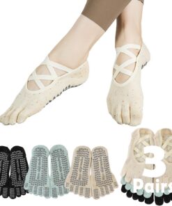 Chausssettes de yoga Sunolkie antidérapantes femmes 5 doigts grip Pilates poignées sangles, 3 paires