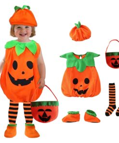 Costume de citrouille d'Halloween pour enfant unisexe 3-7 ans avec chapeau couvre-chaussures et sac à bonbons