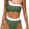 CUPSHE Ensemble de bikini deux pièces taille haute pour femme - Découpe sur le cou - Bloc de couleurs - Bikini été - Tai