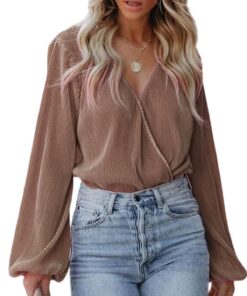 CUPSHE Chemise à manches paysannes en velours pour femme, coupe ample, col en V, confortable et tendance, lavable en mac
