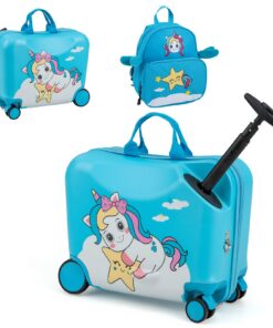 GOPLUS Valise Enfant Fille Garçon en Roulettes Motif Licorne Bleu, Bagage d'Assise pour Voyage en Étanche avec Repos Pie