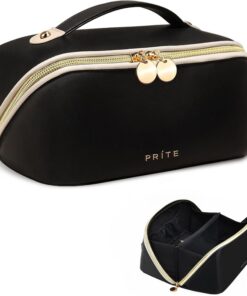 Prite Grande Capacité Trousse de Maquillage Imperméable pour Femme en Cuir PU avec Séparateur Transparent et Poignée - V