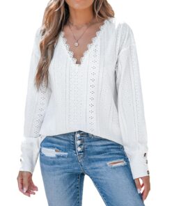 CUPSHE Haut en dentelle col en V à manches longues pour femme - Élégant chemisier femme - Mode et confort - Taille S-XL