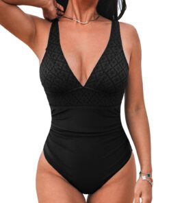 CUPSHE Maillot de bain une pièce femme - Effet gainant - Bretelles larges réglables - V-neck - Tissu Jacquard froncé