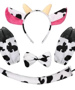Deguisement Animaux Hifot pour Enfants Adultes Halloween | Oreilles de Vache + Gants + Queue + Bandeau Noeud Papillon |
