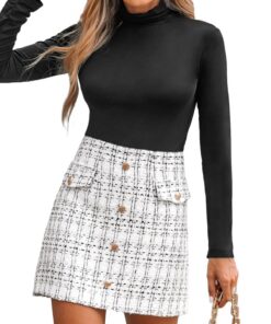 CUPSHE Jupe en tweed taille haute pour femme - Coupe trapèze tissée avec boutons sur le devant - Élégant - Femmes - Mode