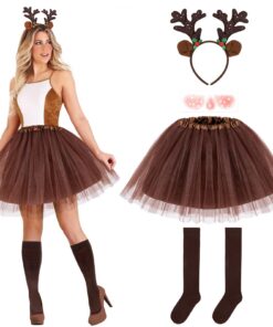 Hifot Renne Déguisement Noel Femmes Serre-Tête & Tutu Joueteux Jupe Tatouages Temporels Chaussettes Accessoire Noël