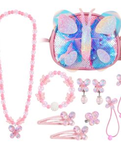 Sac à main enfant fille Hifot Papillon paillettes bijoux, petit sac bandoulière collier bracelet boucles d'oreilles Bagu