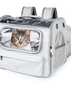 Sac à dos extensible gris pour chat et petite taille de chien - Transport confortable jusqu'à 8 kg - Fenêtre visible - M