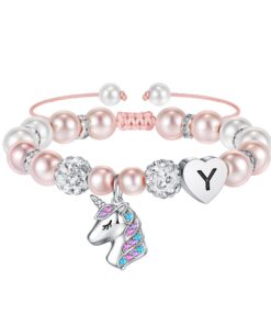 Bracelet Licorne Perles Roses Filles Cadeaux Arc-en-Ciel Boules de Strass