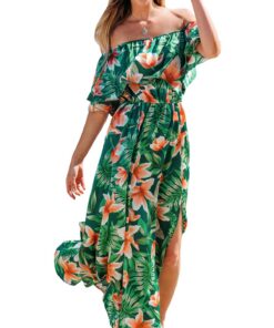 CUPSHE Robe D'Été à Épaules Dénudées pour Femme Maxi en Soie imprimé Tropical Volants Ajusté à la Taille