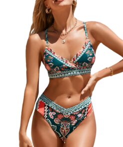 CUPSHE Bikini deux pièces femme taille haute col en V dos réglables bas coupe en V