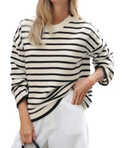 CUPSHE Pull à manches longues décontracté à col rond rayé pour femme modelle confortable et stylée en fibres douces