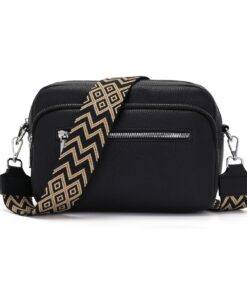 RQJZ sac bandoulière femme en cuir végétal Noir avec large ceinture et compartiments multiples