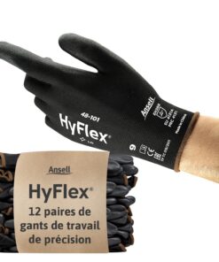 Ansell HyFlex 48-101 Gants de Travail Ultrafins pour Bricolage et Mécanique, Protection Multiusage Haute Précision, Noir