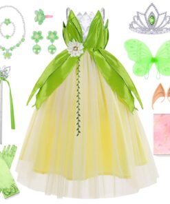 Robe Princesse Clochette Fille Déguisement Fée Complexe avec Ailes et Couronne 3-8 Ans Anniversaire Carnaval Halloween