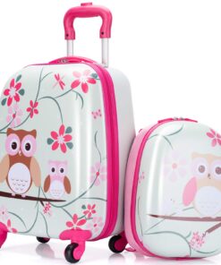 Valises en enfants roulettes COSTWAY Hibou | Roulettes rotatives | Lot de 2 pour garçon et fille
