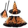 Hifot Déguisement Sorcière Fille Halloween Cinderentale Costume Sorcière Citrouille Jupe Tutu et Chapeau Sorcière Balai