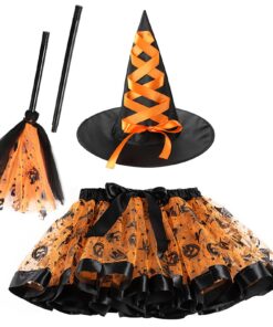 Hifot Déguisement Sorcière Fille Halloween Cinderentale Costume Sorcière Citrouille Jupe Tutu et Chapeau Sorcière Balai