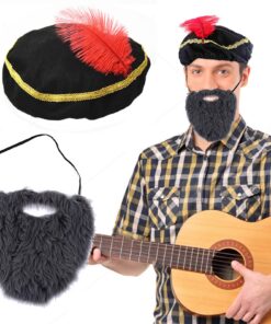 Hifot Costume Médieval Homme avec Chapeau et Fausse Barbe pour Carnaval Halloween Cosplay 2 Pièces Deguisement Pirate Re