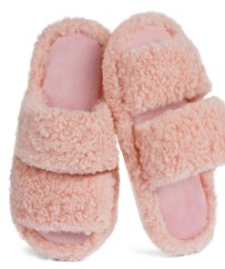 Chausson Peluche OFFCUP Bout Ouvert Hiver Femme Blanc/Rose Comfort Antidérapant