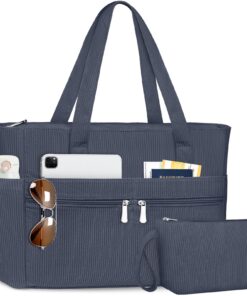 Sac Fourre-Tout Femme LUROON Velours Côtelé Tote Bag Ordinateur 15.6 Pouces Voyage Travail Collège Fermeture Éclair