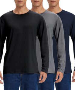 HIOUTDOOR Lot de 3 t-shirts à manches longues en coton pour homme Eulerent, col rond, basique, idéal pour le travail, le
