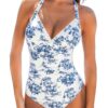 CUPSHE Maillot de bain une pièce Vignoble pour femme en coton bio avec col en V et bretelles froncées au niveau du ventr