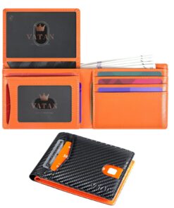Portefeuille VATAN Homme en Cuir avec Blocage RFID - 15 Emplacements pour Cartes & Boite Cadeau (Carbone Noir et Orange)