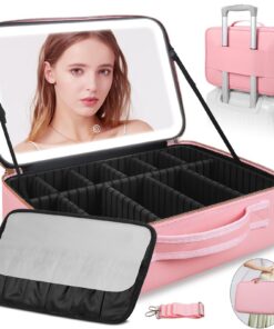 Suupvaor Trousse de maquillage avec miroir LED lumineux, grand 38X28cm, sac professionnel de voyage, 3 modes d'éclairage