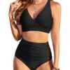 Maillot de Bain 2 Pièces en Tissu Recyclé, Hauts de Bikini Push-Up Rembourré avec Contrôle du Ventre et Slip Taille Haut
