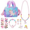 Sac à main Licorne Bijoux Fille - Collier Bracelet Boucles d'Oreilles Bague Set Cadeau Anniversaire 4-8 Ans - Violet
