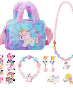 Sac à main Licorne Bijoux Fille - Collier Bracelet Boucles d'Oreilles Bague Set Cadeau Anniversaire 4-8 Ans - Violet