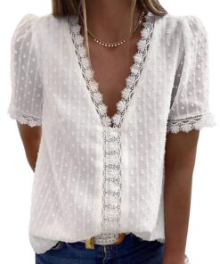 RITOSTA T-Shirt Chemise Femme Col V Élégant et Chic Dentelle Loose Haut Global Recycled Standard Manche Courte Global Re