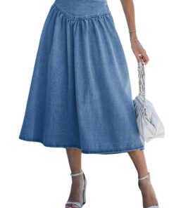 CUPSHE Jupe longue plissée en jean pour femme - Décontractée - Idéale pour l'automne et l'hiver - Chic et confortable -