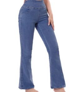 Jean Femme Élastique Haute Taille Bootcut Poches Flattées Slim Stretch Mode Taille Elégante Évasé Jambe Large