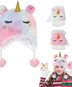 Ensemble Bonnet et Gants Licorne Fille | Accessoires Hiver Enfants | 3PCS | Filles de 3 à 10 ans | Mitaines Fille| Chape