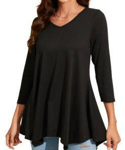 Enmain Tunique Femme Longue Grande Taille Chic et élégant Col V Tuniques à Motifs Couleur Unie Haut Ample pour Femmes