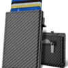 Portefeuille Homme Aluminium Pop Up Carbone Cuir avec Fermeture Magnétique et Poche à Monnaie Fenêtre pour ID Blocage RF