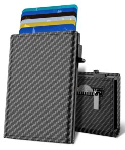 Portefeuille Homme Aluminium Pop Up Carbone Cuir avec Fermeture Magnétique et Poche à Monnaie Fenêtre pour ID Blocage RF