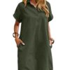 Robe chemise d'été en lin pour femme, pour plage et loisirs, avec poches et manches courtes